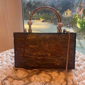 ZARA Mini Box Brown Textured Lucite & Pearl Convertible Clutch Purse